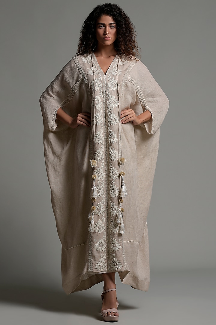 Dark Beige Embroidered Kaftan With Inner Camisole by Amore Mio by Hitu