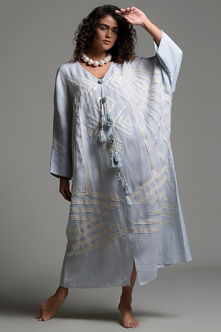 Nile Blue Linen Hand Work Kaftan by Amore Mio by Hitu