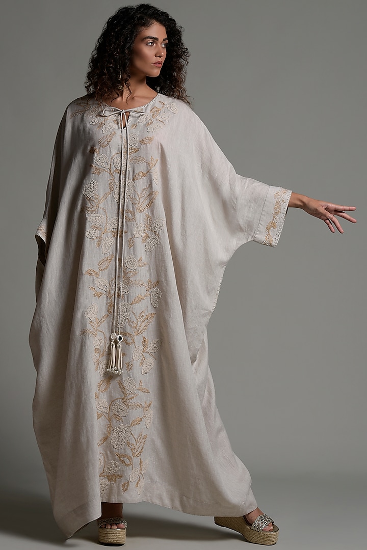 Beige Embroidered Kaftan by Amore Mio by Hitu