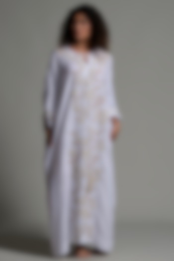 White Linen Embroidered Kaftan by Amore Mio by Hitu