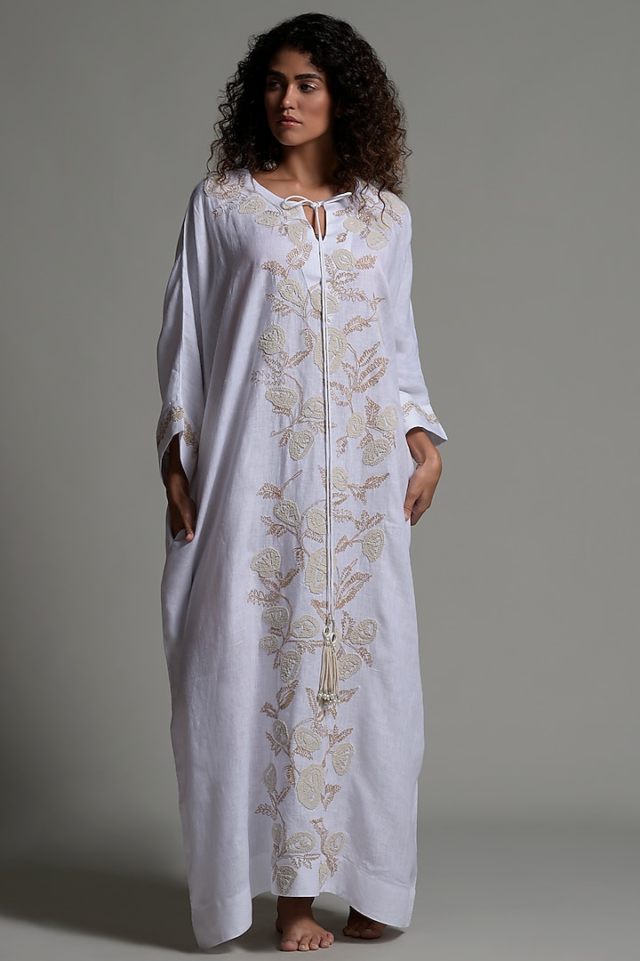 White Linen Embroidered Kaftan by Amore Mio by Hitu