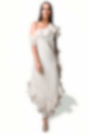 Beige Linen Off-Shoulder Dress by Amore Mio by Hitu