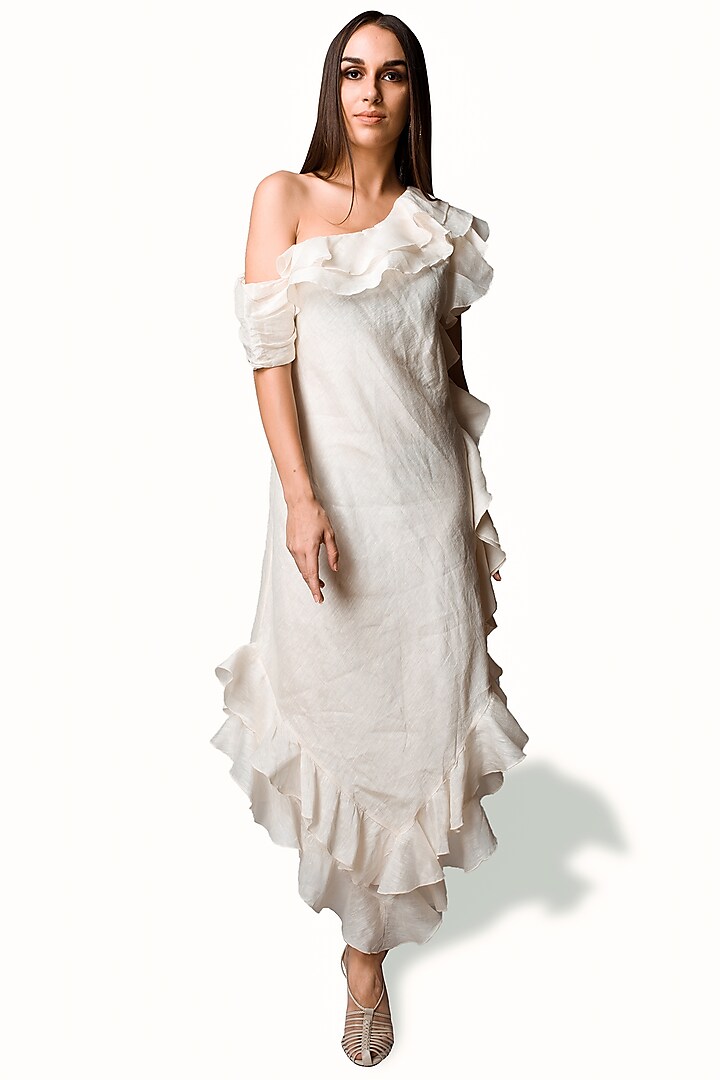 Beige Linen Off-Shoulder Dress by Amore Mio by Hitu