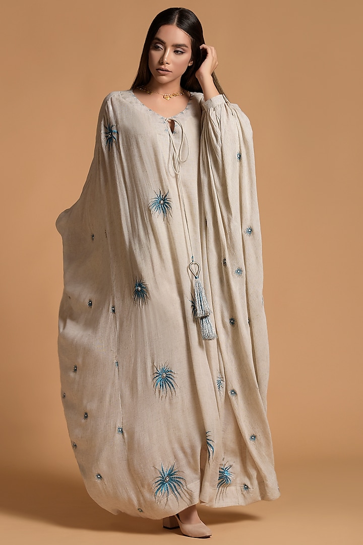 Beige Linen Embellished Kaftan With Inner Camisole by Amore Mio by Hitu