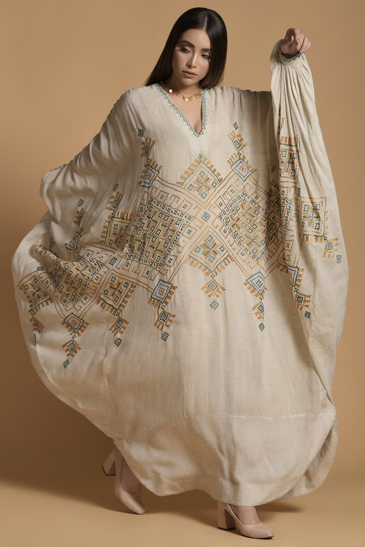Beige Embroidered Kaftan With Inner Camisole by Amore Mio by Hitu at Pernia's Pop Up Shop