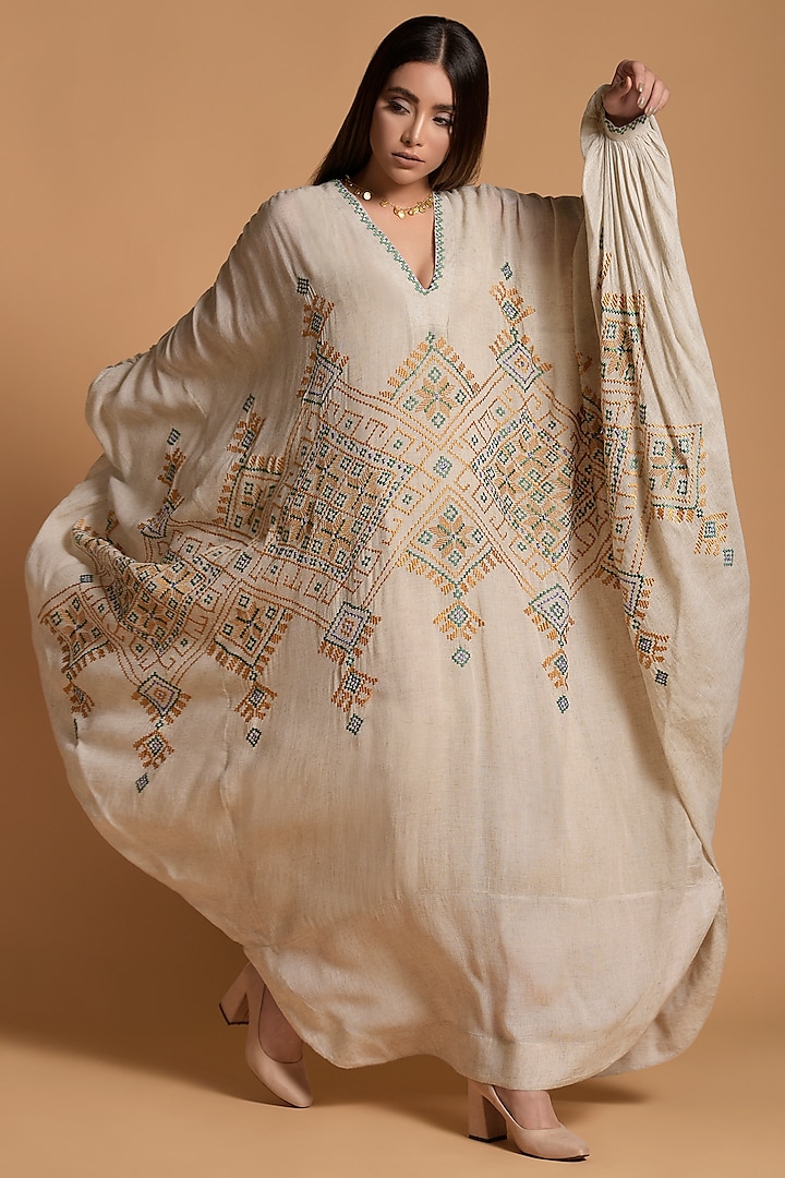 Beige Embroidered Kaftan With Inner Camisole by Amore Mio by Hitu
