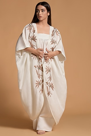 Beige Cotton Embellished Jumpsuit With Open Jacket by Amore Mio by Hitu