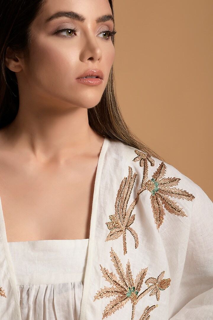 Beige Cotton Embellished Jumpsuit With Open Jacket by Amore Mio by Hitu at Pernia's Pop Up Shop