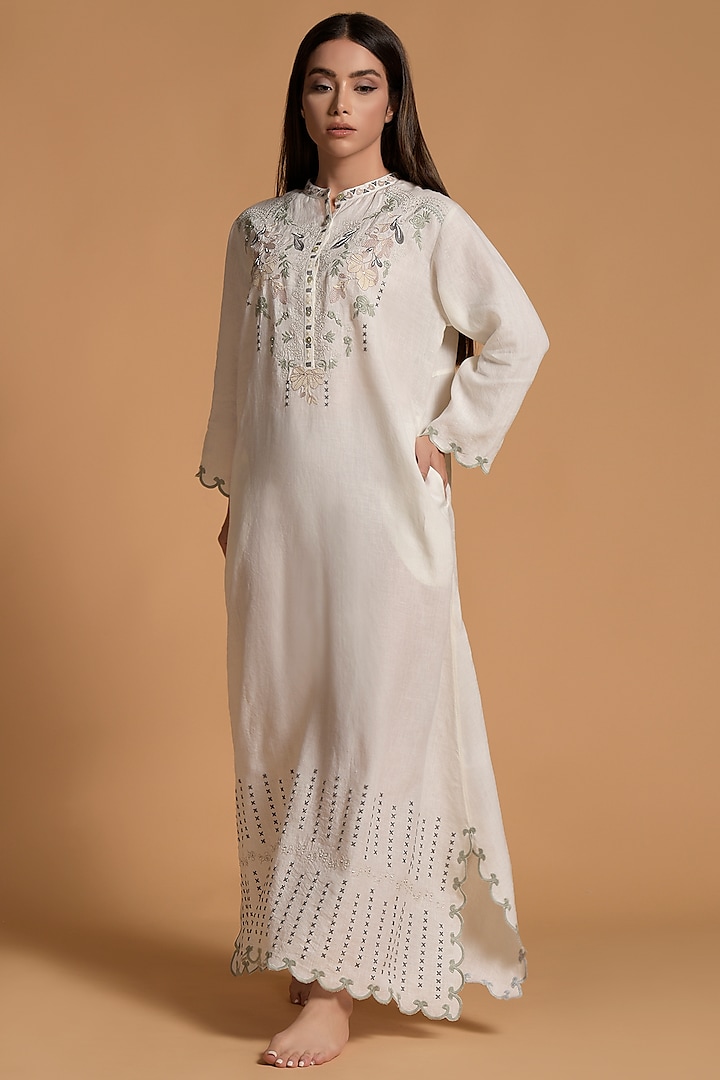 White Linen Embroidered Dress by Amore Mio by Hitu