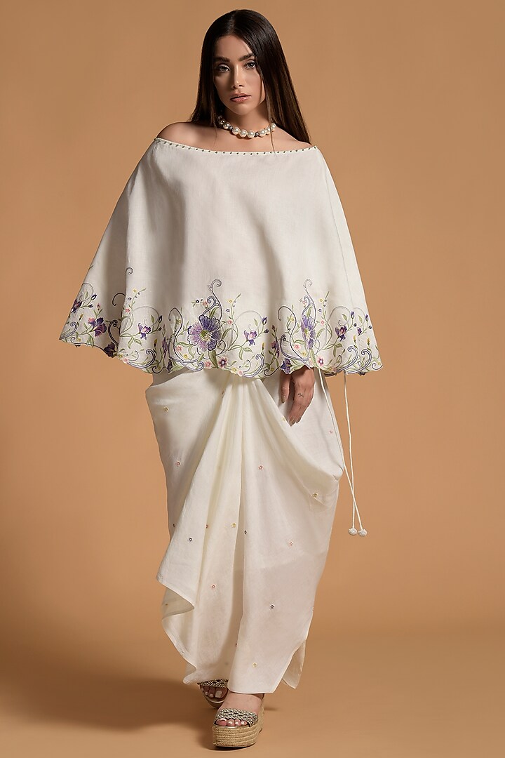 White Linen Embroidered Dhoti Set by Amore Mio by Hitu