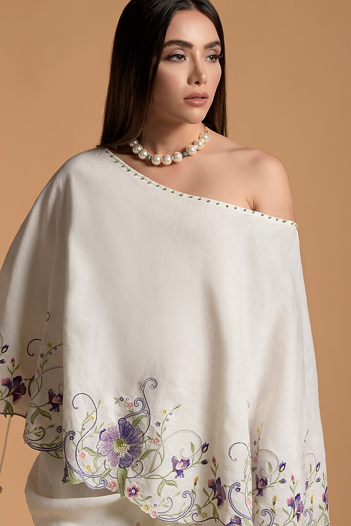 White Linen Embroidered Dhoti Set by Amore Mio by Hitu at Pernia's Pop Up Shop