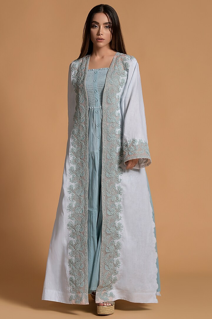 Nile Blue Embroidered Open Jacket Dress Design by Amore Mio by Hitu at ...