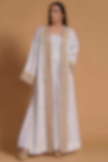 White Linen Embroidered Open Jacket Dress by Amore Mio by Hitu