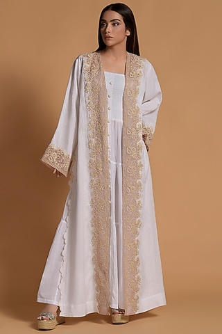 White Linen Embroidered Open Jacket Dress by Amore Mio by Hitu