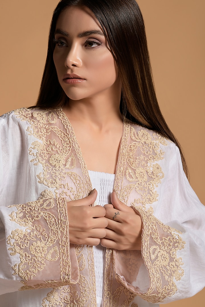 White Linen Embroidered Open Jacket Cocktail Dress by Amore Mio by Hitu at Pernia's Pop Up Shop