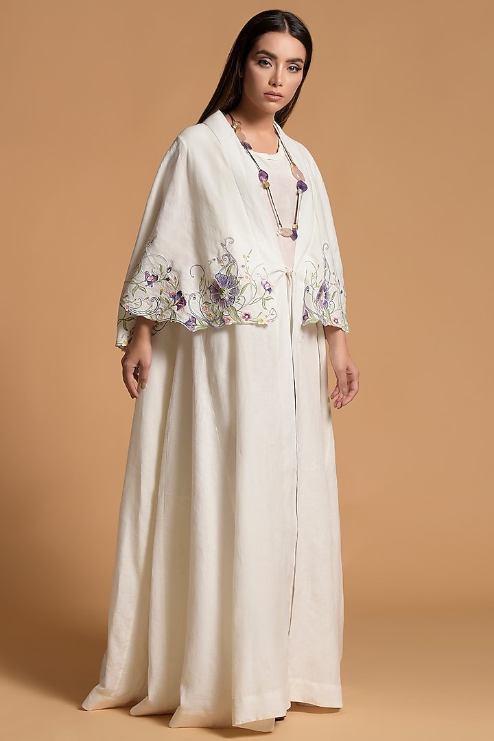 White Cotton Embroidered Open Jacket Dress by Amore Mio by Hitu
