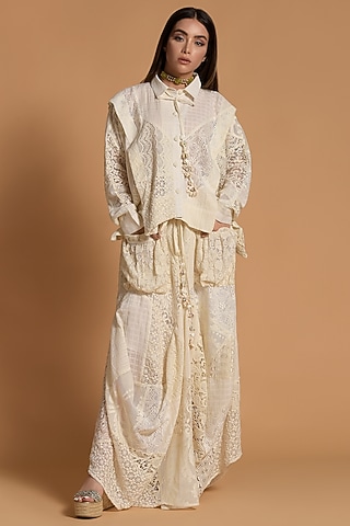 Ecru Linen Embroidered Skirt Set by Amore Mio by Hitu