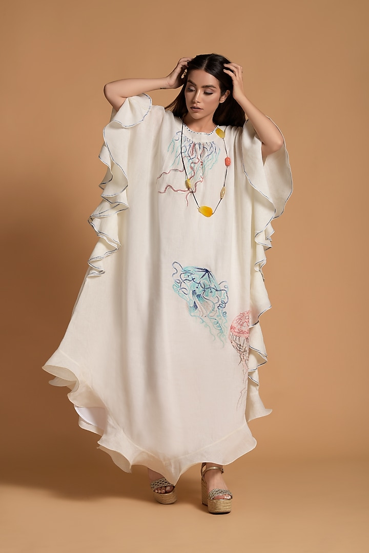 White Embroidered Kaftan by Amore Mio by Hitu