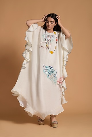 White Embroidered Kaftan by Amore Mio by Hitu