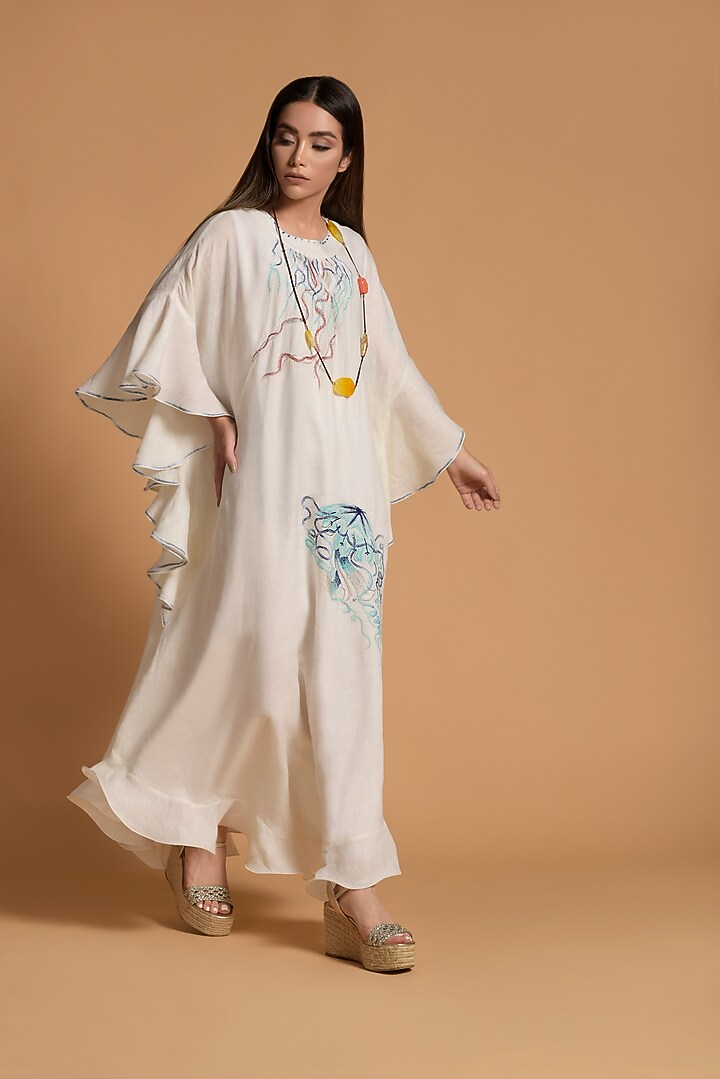 White Embroidered Kaftan by Amore Mio by Hitu at Pernia's Pop Up Shop