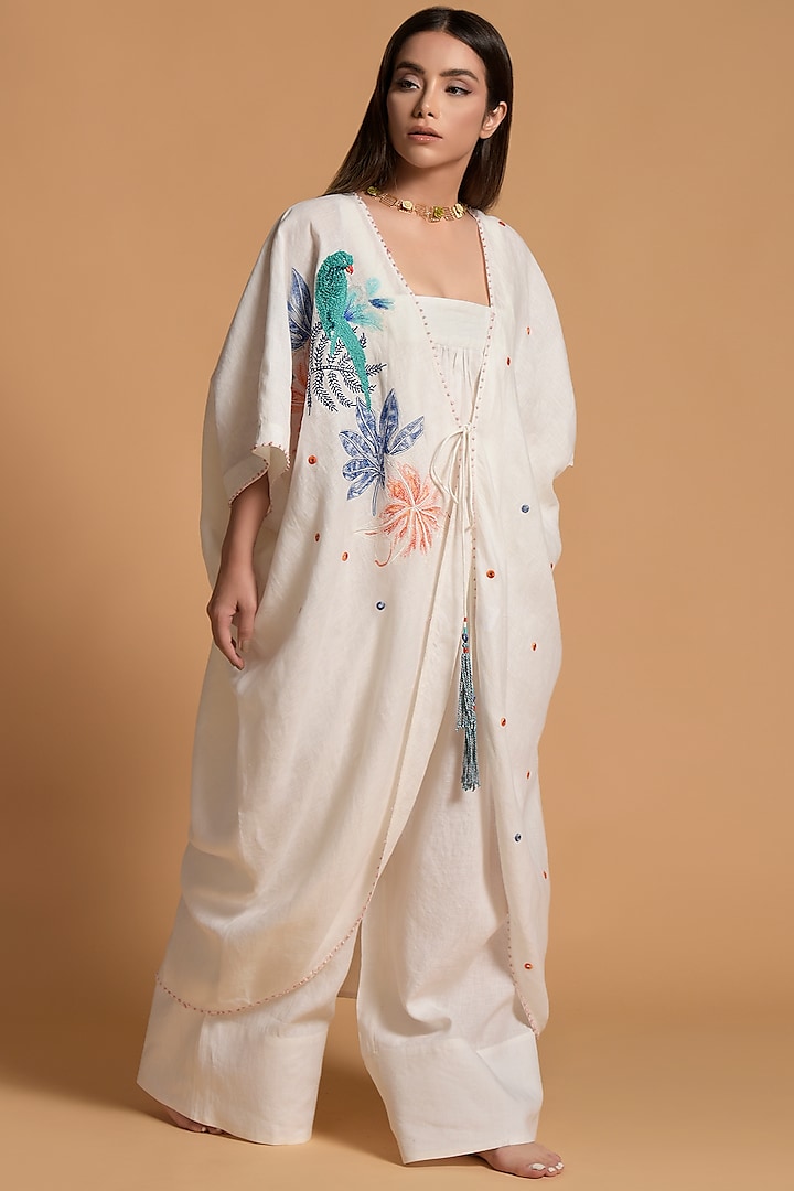 White Embroidered Jumpsuit With Open Jacket by Amore Mio by Hitu