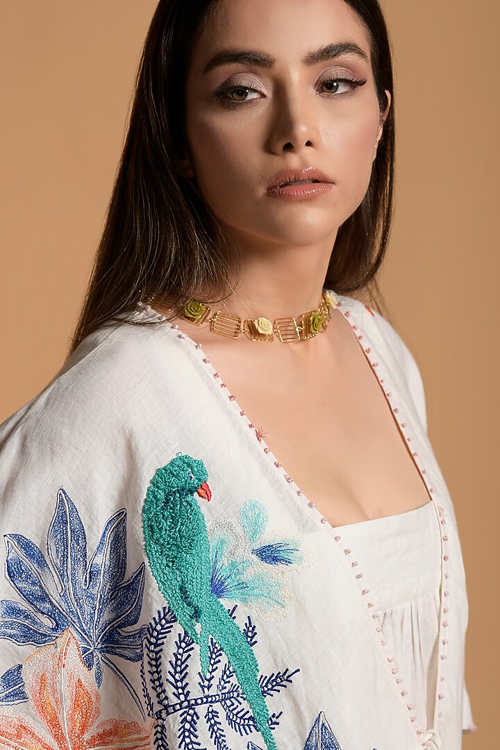 White Embroidered Jumpsuit With Open Jacket by Amore Mio by Hitu at Pernia's Pop Up Shop