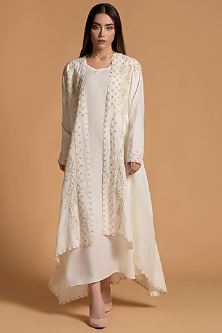 White Linen Embroidered Open Jacket Dress by Amore Mio by Hitu