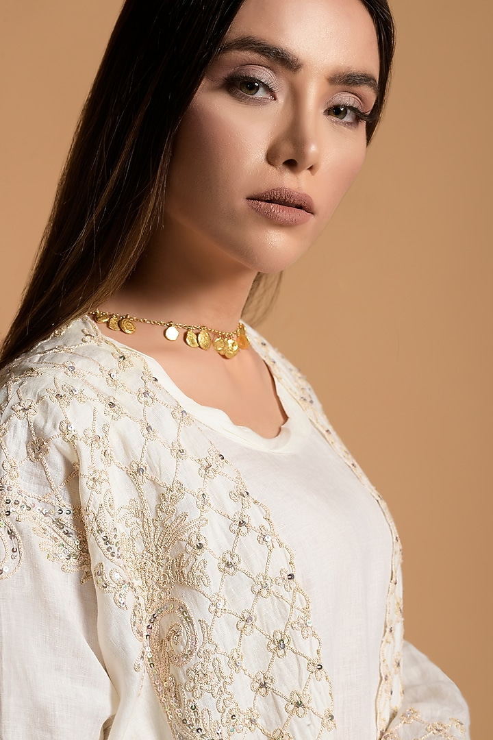 White Linen Embroidered Open Jacket Cocktail Dress by Amore Mio by Hitu at Pernia's Pop Up Shop
