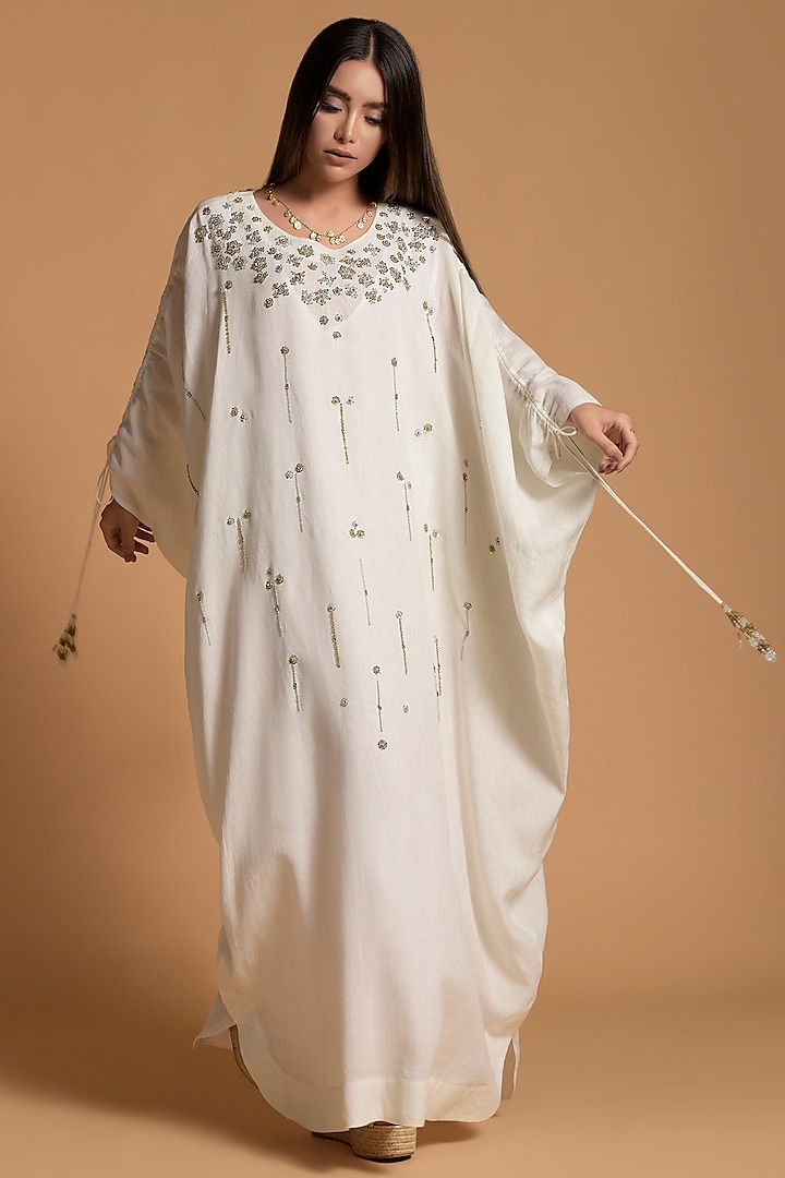 Ecru Linen Embellishments Kaftan With Inner Camisole by Amore Mio by Hitu