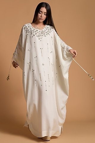 Ecru Linen Embellishments Kaftan With Inner Camisole by Amore Mio by Hitu