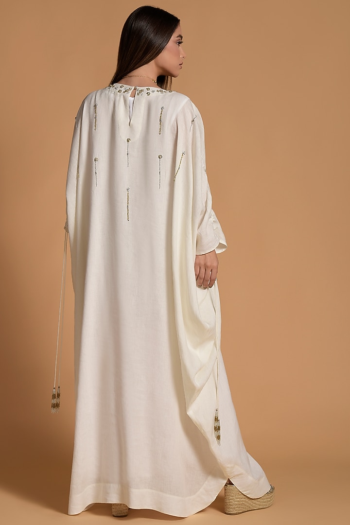Ecru Linen Embellishments Kaftan With Inner Camisole by Amore Mio by Hitu at Pernia's Pop Up Shop