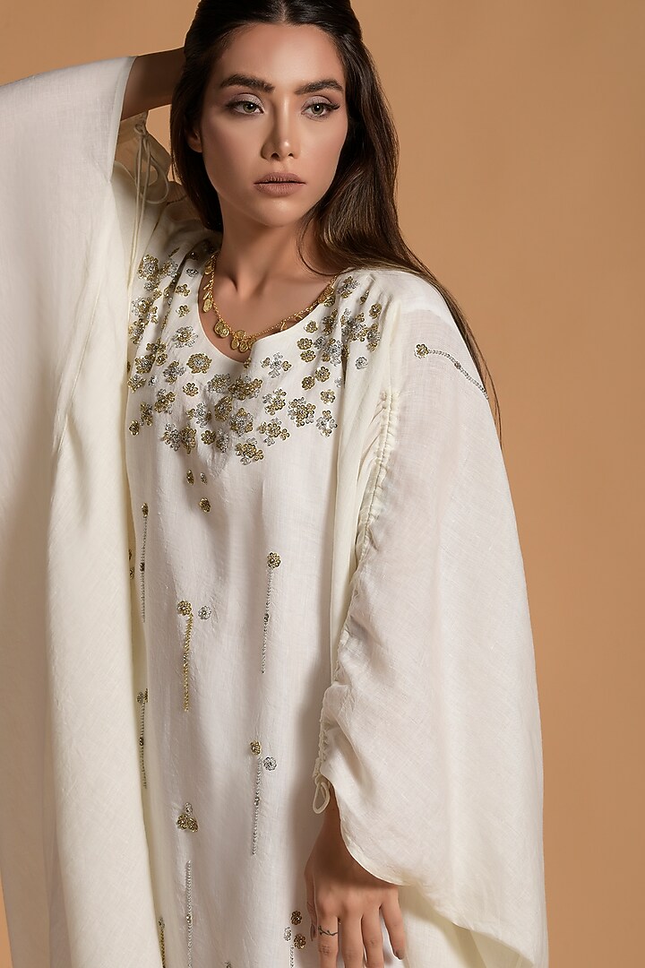 Ecru Linen Embellishments Kaftan With Inner Camisole by Amore Mio by Hitu at Pernia's Pop Up Shop