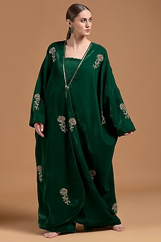 Green Poly Velvet Embellished Jumpsuit With Cape by Amore Mio by Hitu