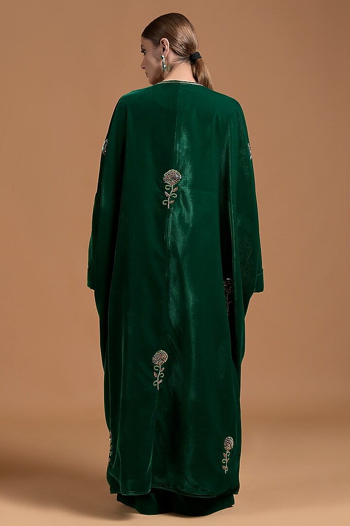 Green Poly Velvet Embellished Jumpsuit With Cape by Amore Mio by Hitu at Pernia's Pop Up Shop