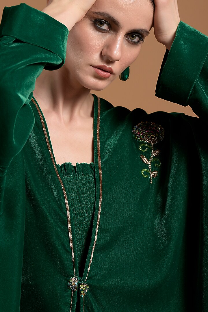 Green Poly Velvet Embellished Jumpsuit With Cape by Amore Mio by Hitu at Pernia's Pop Up Shop