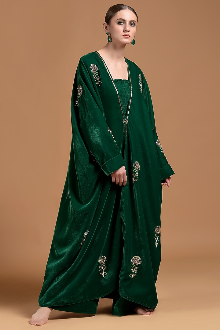 Green Poly Velvet Embellished Jumpsuit With Cape by Amore Mio by Hitu at Pernia's Pop Up Shop