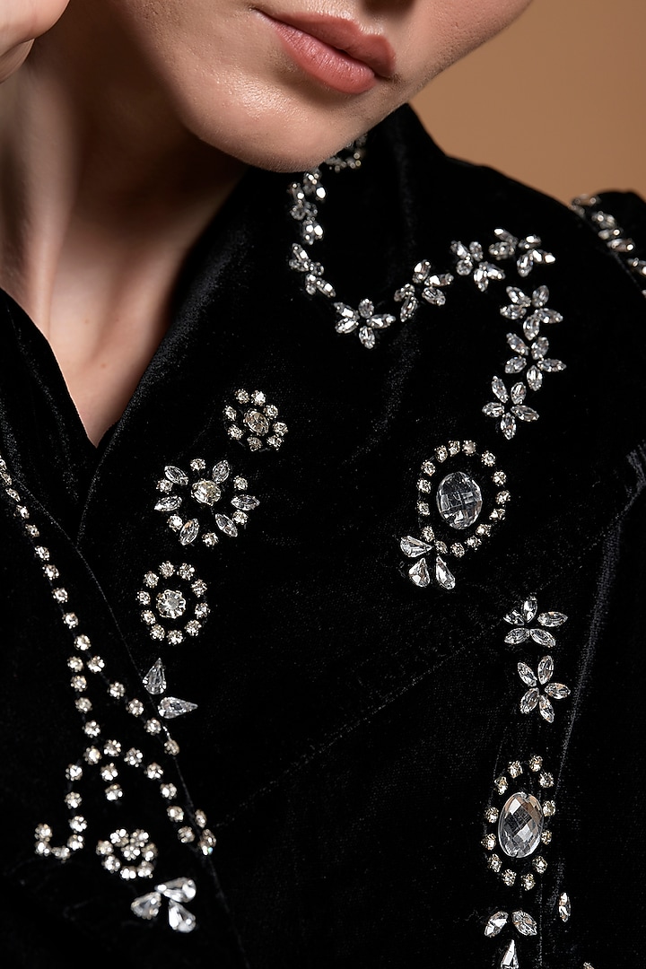 Black Poly Velvet Embellished Party Wear Dress by Amore Mio by Hitu at Pernia's Pop Up Shop
