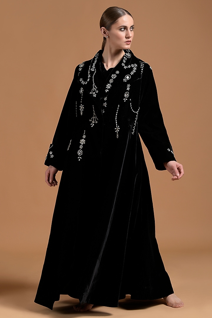 Black Poly Velvet Embellished Party Wear Dress by Amore Mio by Hitu at Pernia's Pop Up Shop