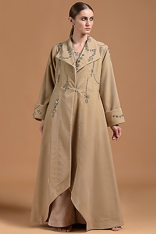 Beige Poly Velvet Embellished Jacket by Amore Mio by Hitu