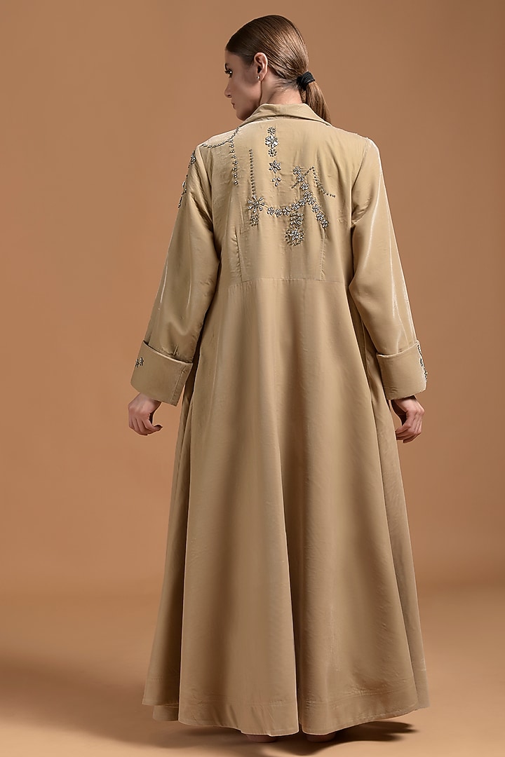 Beige Poly Velvet Embellished Jacket by Amore Mio by Hitu at Pernia's Pop Up Shop