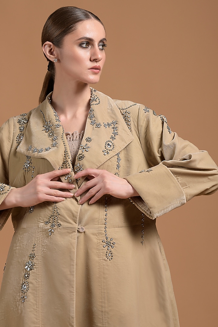 Beige Poly Velvet Embellished Jacket by Amore Mio by Hitu at Pernia's Pop Up Shop