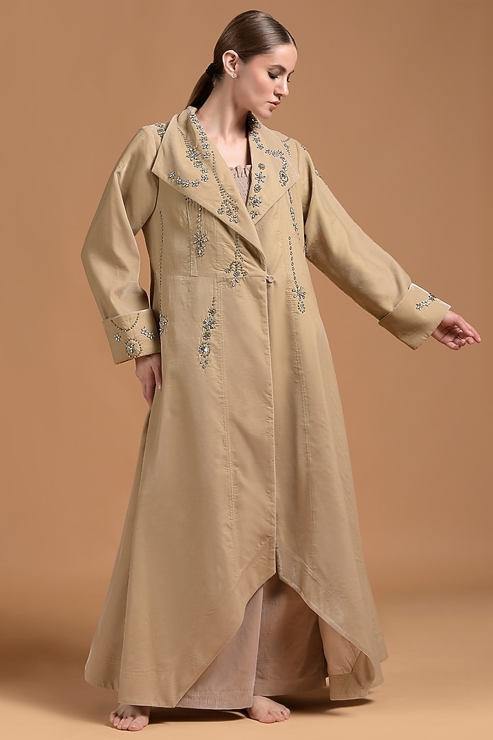 Beige Poly Velvet Embellished Jacket by Amore Mio by Hitu at Pernia's Pop Up Shop