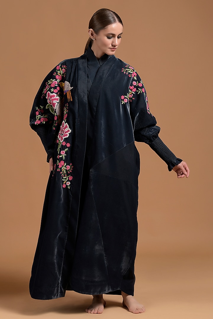 Teal Poly Velvet Embroidered Abaya by Amore Mio by Hitu