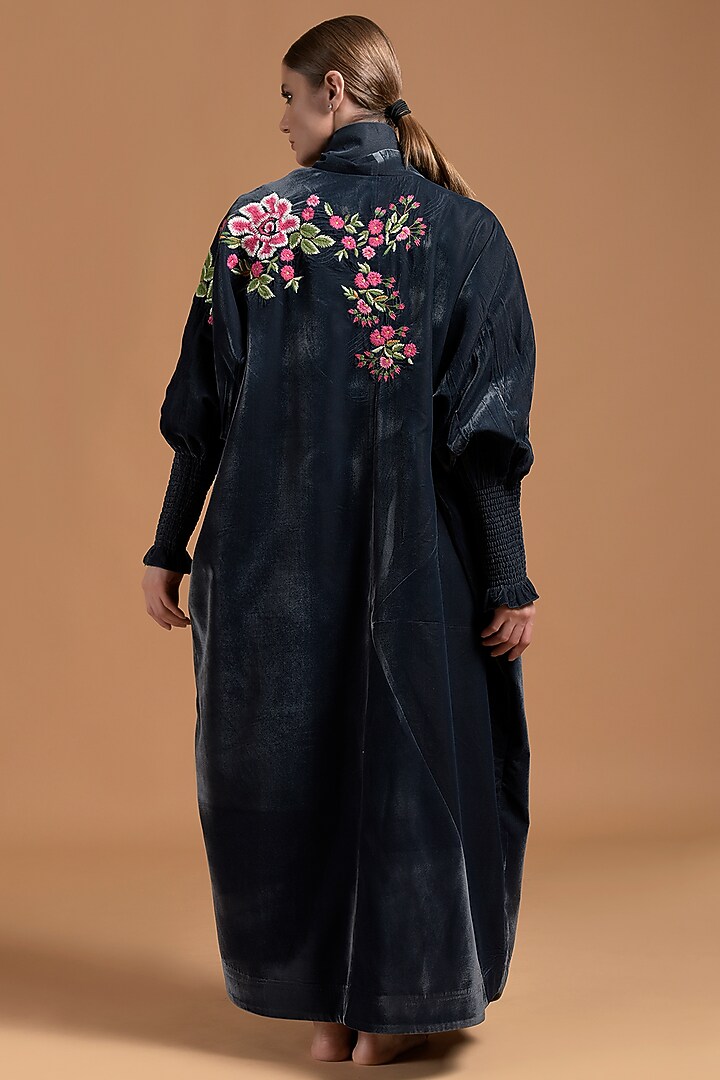 Teal Poly Velvet Embroidered Abaya by Amore Mio by Hitu at Pernia's Pop Up Shop