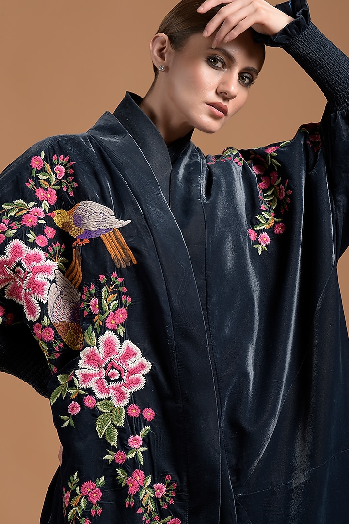 Teal Poly Velvet Embroidered Abaya by Amore Mio by Hitu at Pernia's Pop Up Shop