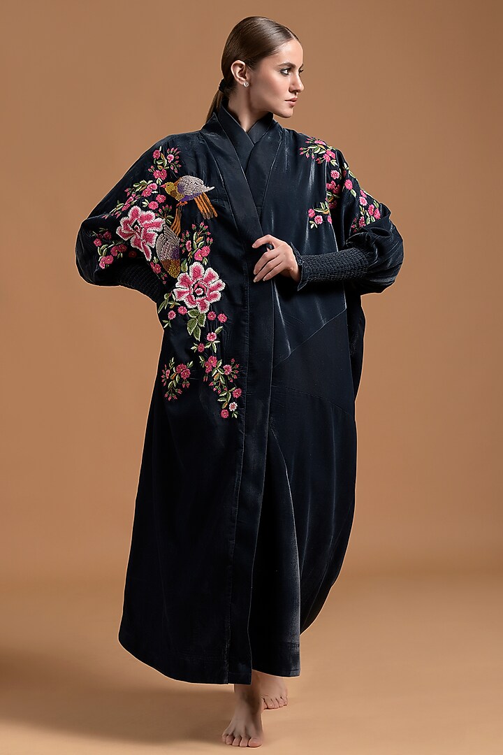Teal Poly Velvet Embroidered Abaya by Amore Mio by Hitu at Pernia's Pop Up Shop