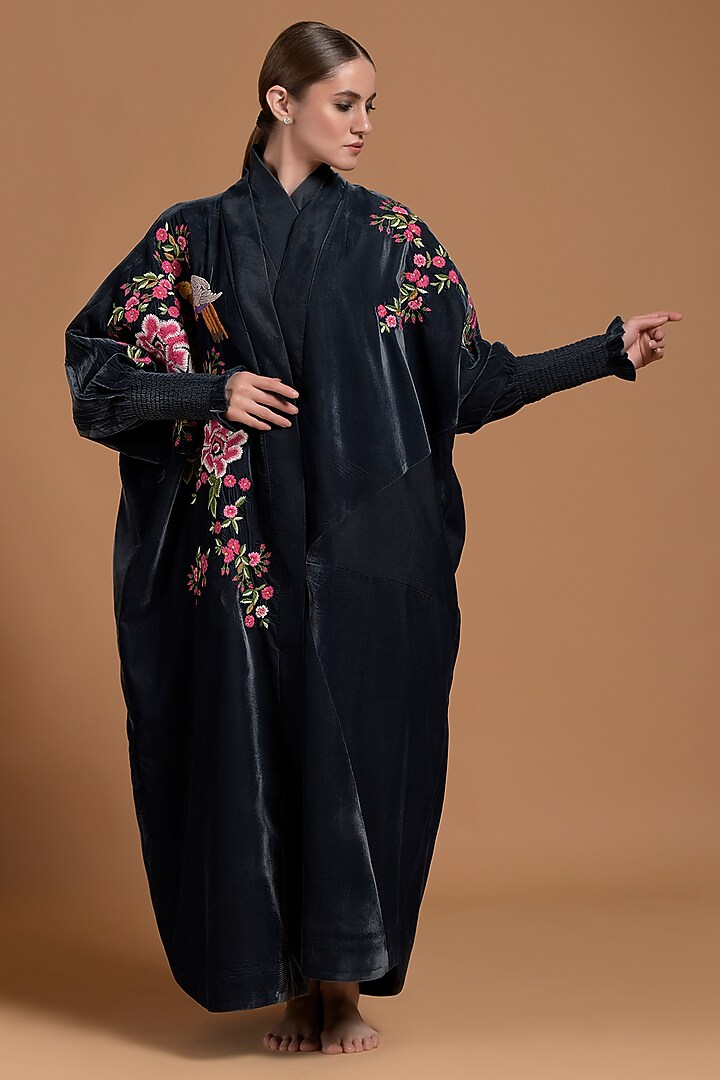 Teal Poly Velvet Embroidered Abaya by Amore Mio by Hitu at Pernia's Pop Up Shop