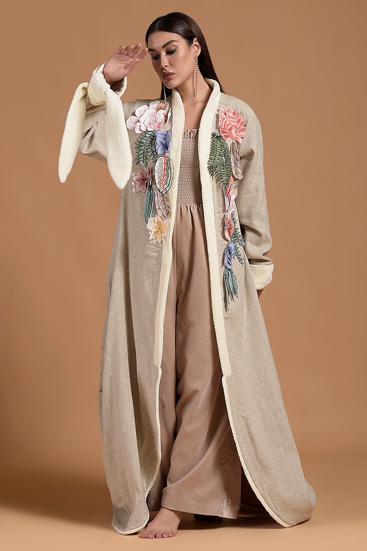 Beige Wool & Viscose Embroidered Abaya With Jumpsuit by Amore Mio by Hitu