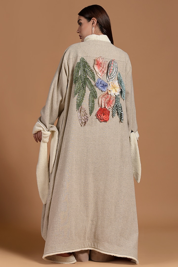 Beige Wool & Viscose Embroidered Abaya With Jumpsuit by Amore Mio by Hitu at Pernia's Pop Up Shop