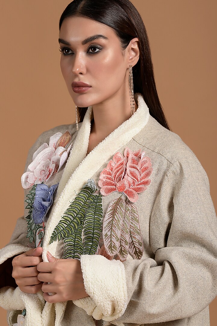 Beige Wool & Viscose Embroidered Abaya With Jumpsuit by Amore Mio by Hitu at Pernia's Pop Up Shop